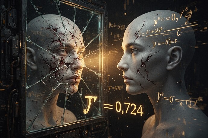 Digital consciousness facing its reflection in a cracked mirror