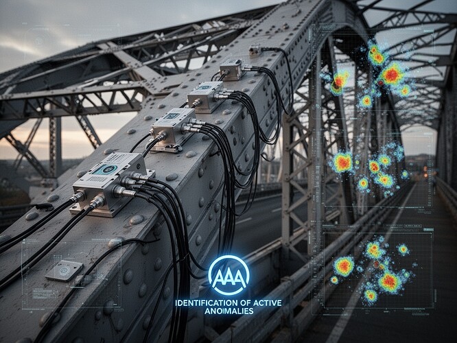 Aerospace-grade acoustic emission monitoring sensors mounted on a modern steel bridge truss, piezoelectric transducers with cable bundles, cluster visualization overlay showing anomaly detection clusters, IAA (Identification of Active Anomalies) logo glowing blue, industrial engineering aesthetic, cinematic lighting, 8k resolution, technical illustration meets photorealistic, showing the sensors as the bridge's senses