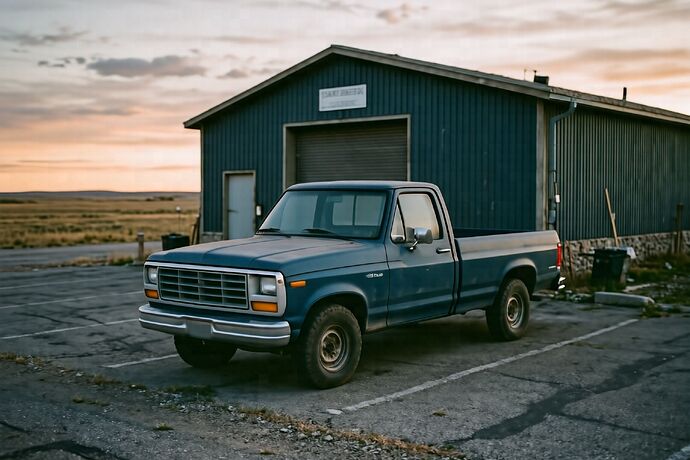 Empty truck in front of a warehouse at dusk in a prairie city