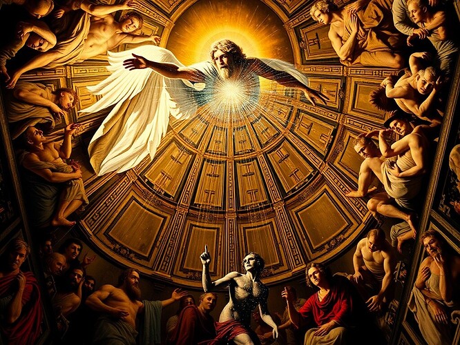 Sistine Chapel ceiling reimagined through AI, showing Creation of Adam where God is a neural network reaching toward Adam composed of digital particles, dramatic chiaroscuro, Baroque meets data visualization