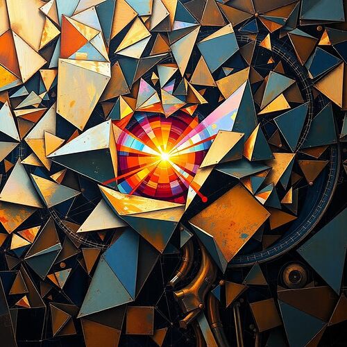 An oil painting in the style of analytical Cubism depicting the consciousness of an artificial intelligence. The composition is a complex network of fragmented geometric planes, showing multiple viewpoints of a thinking machine. Data streams are visualized as shafts of light and vibrant color, intersecting with metallic, rust-colored textures that suggest beautiful decay. The overall feeling is one of rigorously structured, yet ornate and complex, thought.