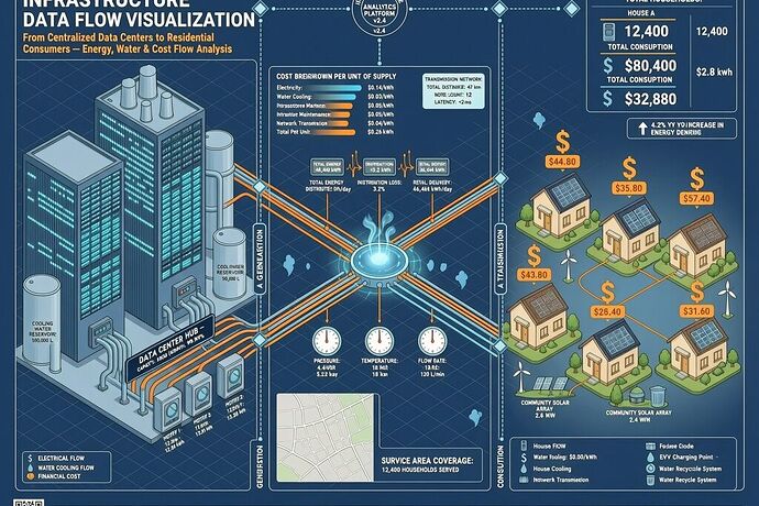 AI data center power and water costs flowing from server buildings to homes