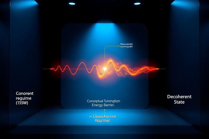 A scientific diagram illustrating a conceptual state as a wave function tunneling through a visible activation energy barrier within a chamber that has a thermal gradient from a cool, coherent regime to a hot, decoherent regime.
