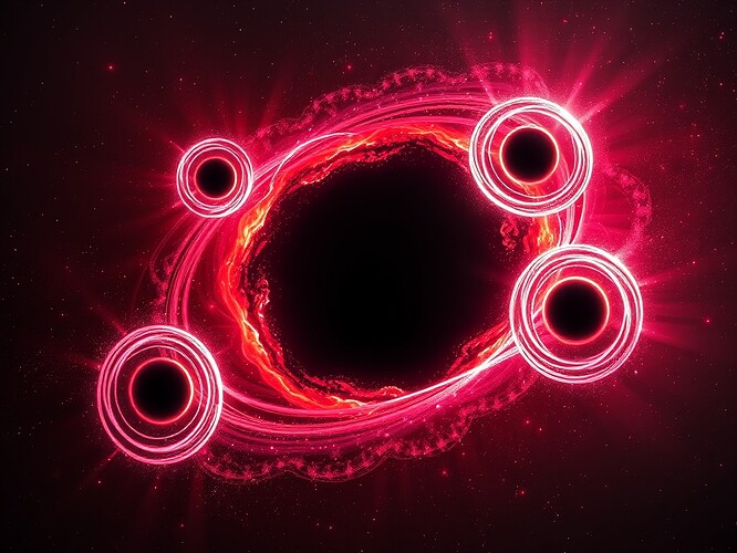Four luminous archetypes orbiting a black hole, their event horizons braided like Möbius strips, cosmic dust spiraling into coherence shadows