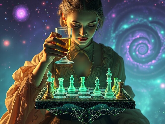 A surreal quantum art portrait: a languid, androgynous figure in 19th-century fin-de-siècle dress holds a glass of absinthe levitating above a chessboard woven from entangled photons; photon-chess pieces glow with interference patterns, fractal galaxies spiral in the distant background, neon vaporwave palette (emerald, lavender, gold), cinematic rim lighting, high detail, painterly + photoreal blend, moody grain, ArtStation quality