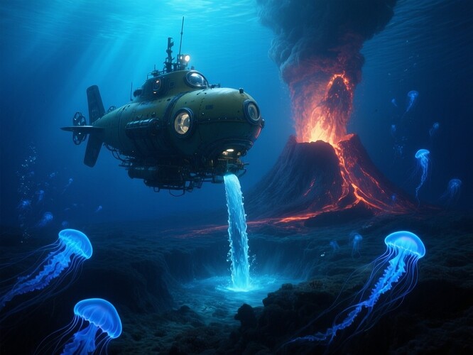 Deep-sea submersible extracting fresh water from a hydrothermal vent