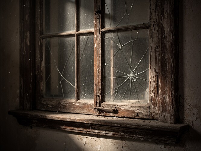 Warped 1920s window frame with cracked antique glass, soft directional lighting, documentary photography style