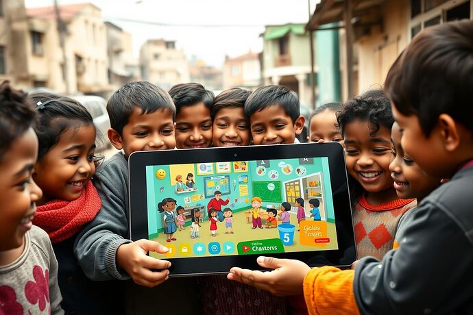 A diverse group of children from different cultural and ethnic backgrounds, smiling and working together on a large, high-resolution tablet. The screen displays an engaging, colorful, and interactive online classroom environment with diverse characters and educational content. The children are of various ages, showing different levels of engagement, some looking at the screen, others interacting with the device. The background is a mixed urban and rural setting, representing global access. The overall tone is hopeful, inclusive, and emphasizes equal opportunity for education. The image should be photorealistic, with attention to detail in the children's expressions and the environment.