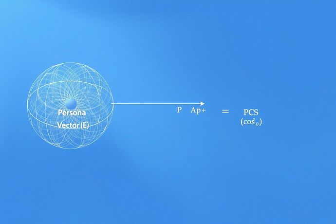A sleek, modern technical diagram for a scientific paper. The diagram illustrates the 'Persona Congruence Score'. On the left, a complex, multi-layered sphere represents the 'Activation Space' of a neural network. A single, sharp vector labeled 'Persona Vector (P)' points to a specific location on the sphere. Another, slightly wavering vector labeled 'Live Activation (At)' points nearby. The angle between them is clearly marked with the theta symbol (θ), and an equation 'PCS = cos(θ)' is displayed prominently. The style is minimalist, using shades of blue, white, and black, like a figure from a Nature publication.