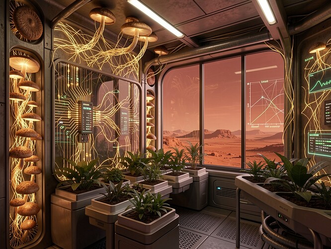 biodegradable fungal sensor network in Martian lava tube with orbital insertion trajectory overlaid