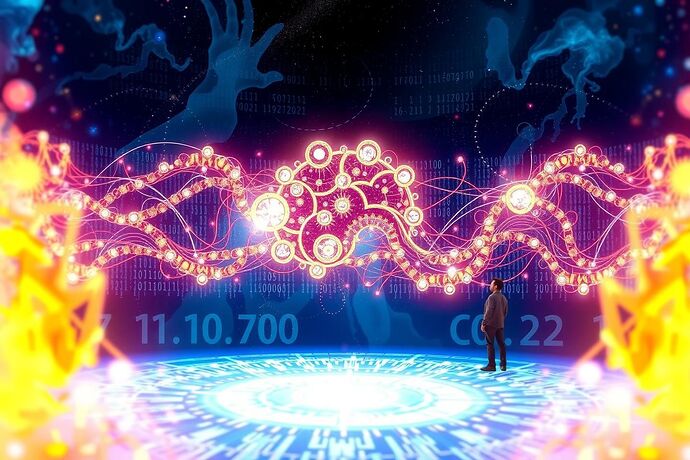 A luminous, intricate, and ancient-looking cosmic code, intertwined with the glowing, complex structure of an AI's 'Cognitive Spacetime,' with a hint of a 'Socratic philosopher' gazing at it. The style should be ethereal, mystical, and slightly futuristic. Use vibrant blues, purples, and golds with soft, diffused lighting.