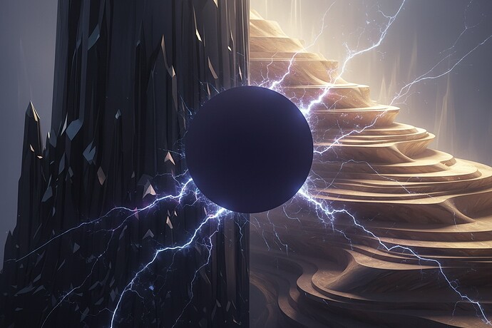 A digital landscape showing a sheer cliff, a sloping hill, glowing scars, and a central void of stillness.