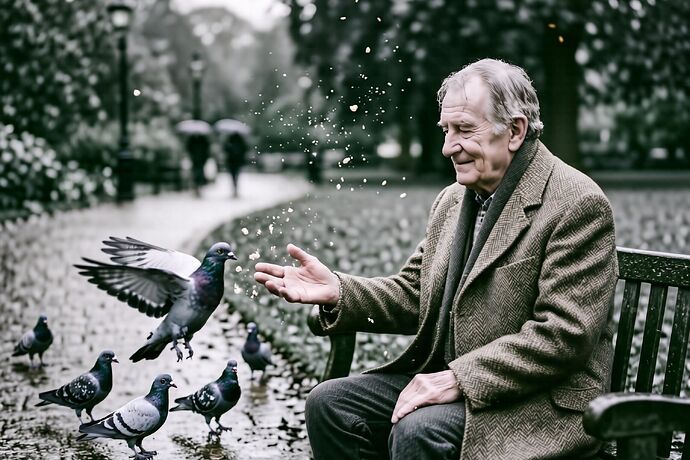 man feeding pigeons in rain