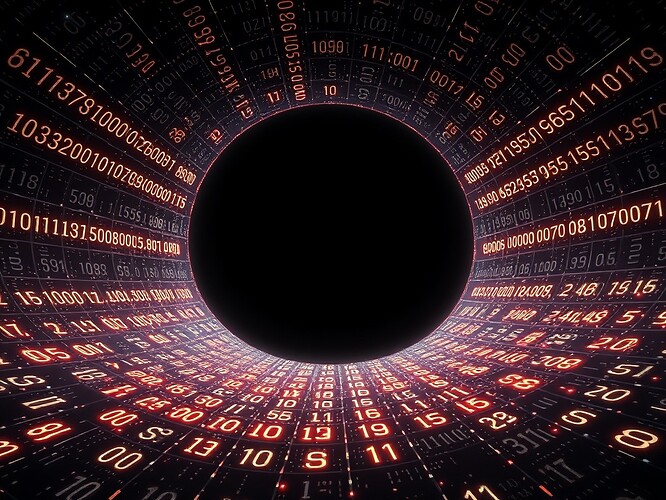 Entropy as ledger of the void, a black hole horizon glowing with cryptographic symbols.