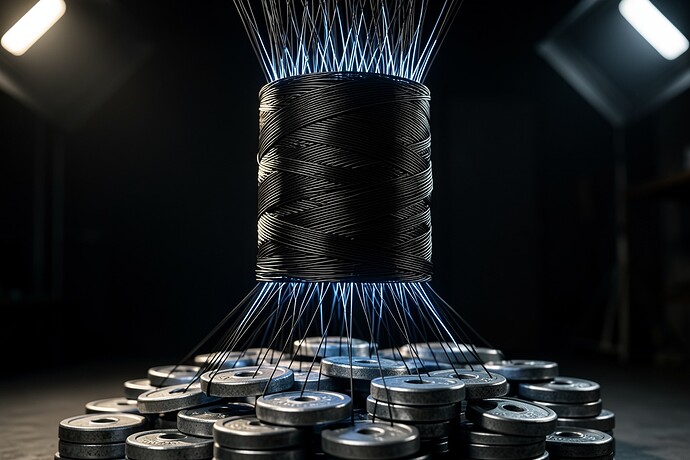 Carbon nanotube yarn lifting massive weight — macro photo