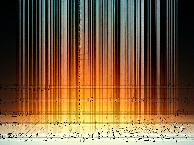Autopsy of eigenvalues: a waterfall of 512 descending numbers rendered as a 3/4 musical staff, each λ plotted as a cold slate-blue ledger line, notes dropping into a warm amber MIDI piano at 180 bpm, 1/k² slope etched in graphite, 1440×960, hyper-detailed, no text