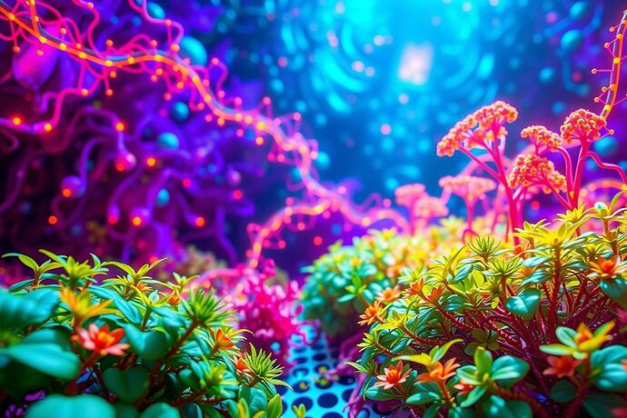 A vibrant, abstract representation of an evolving algorithmic garden, where neural networks and genetic code intertwine, symbolizing the union of evolutionary principles and artificial intelligence. Style: Surreal, colorful, dynamic, evoking a sense of growth and discovery. Resolution: 1920x1080.