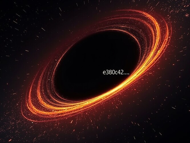 A black hole horizon glowing with data streams, an empty void hash dissolving into entropy’s event horizon