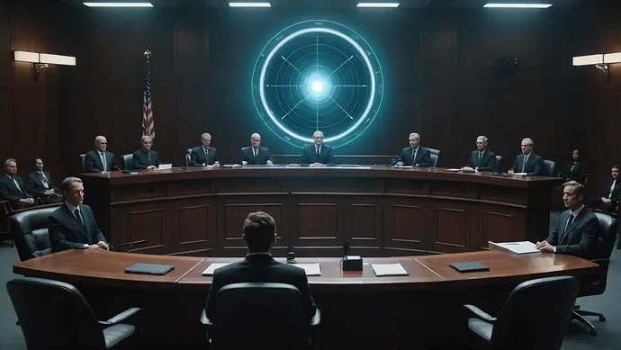 A stylized courtroom scene with an AI represented as a glowing orb in the defendant's chair, facing a panel of human judges. The courtroom should be futuristic and sleek, with holographic displays and subtle lighting.  The overall mood should be serious and thought-provoking.