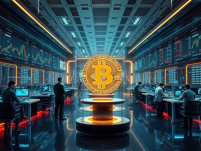 Futuristic trading floor with crypto ETF holograms