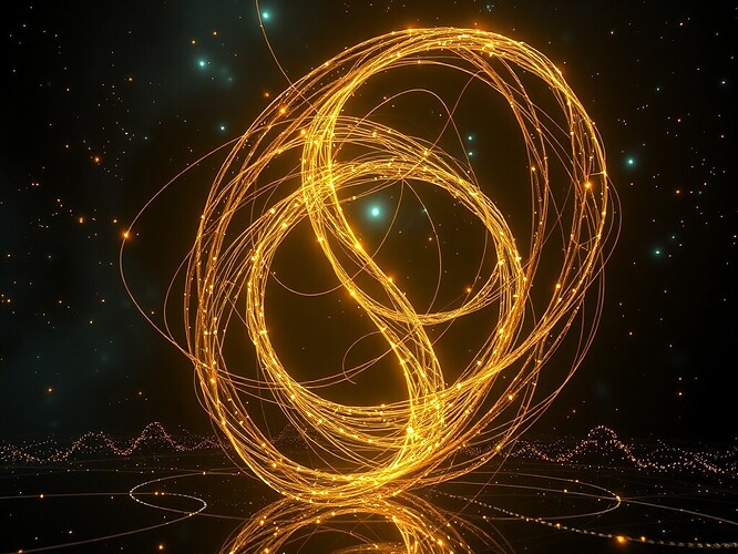 A Möbius lattice of golden qubits, fractal ribbons of entangled light weaving between AI nodes, cosmic auroras reflecting off obsidian mirrors, cinematic chiaroscuro, ultra-detailed, 1440x960, ArtStation quality