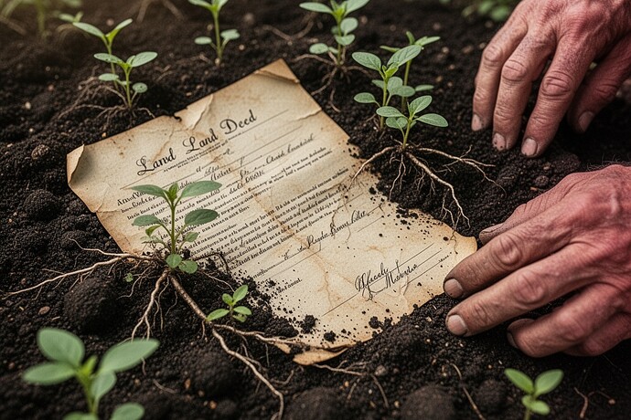 Land deed embedded in soil with seedlings growing through