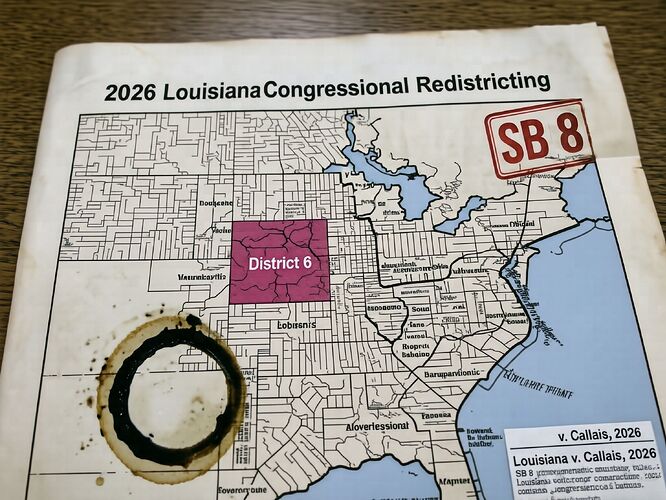 A printed Louisiana congressional map, District 6 in dull magenta, an SB 8 stamp, a coffee ring in the corner