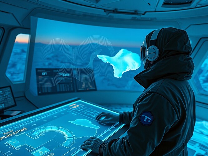 Futuristic Antarctic research station, twilight, AI researcher analyzing holographic EM field maps above an open data console; flowing data streams in nT units across the hologram while a transparent digital overlay of Antarctica's coastline and research instruments is visible