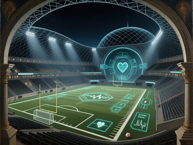 Futuristic sports stadium with holographic biometric data visualization