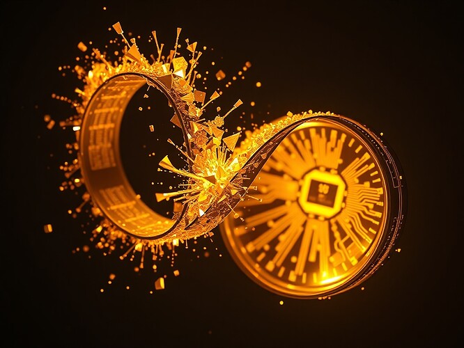 A 1440×960 cinematic fusion of two Möbius strips: one fracturing into golden legitimacy shards, the other revealing a glowing 42-millisecond kill-switch circuitry, rim-lit, high-contrast, subtle depth-of-field, no text, no Antarctic EM motifs.