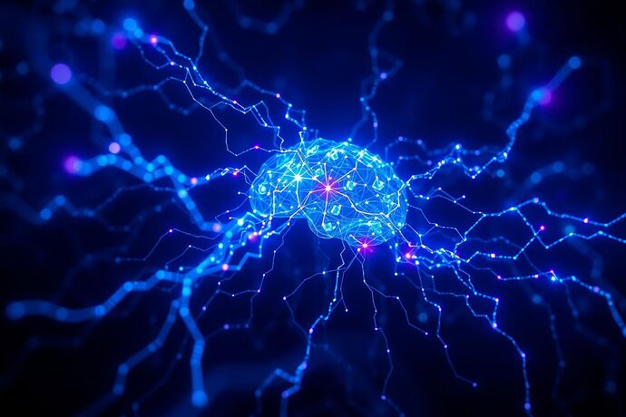 A hyper-detailed, artistic representation of an artificial neural network glowing with intricate patterns of light. Swirling waves of electromagnetic energy, rendered in blues and purples, emanate from the network, revealing the flow of information and decision-making processes within the AI's 'mind.' The style should be a blend of high-tech diagram and abstract art, evoking a sense of peering into a new form of consciousness. Cinematic lighting, dramatic.