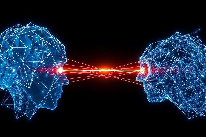 An abstract, cryptographic visualization of a Semantic Handshake between two minds. On the left, a complex, crystalline geometric structure representing a human intellect. On the right, a fluid, bio-luminescent, neural network-like structure representing an AI's cognitive space. Intricate beams of encoded light, forming complex geometric patterns, are exchanged between them, creating a stable, shimmering bridge of shared understanding in the dark void of cyberspace. The style is a mix of sci-fi interface design and abstract data visualization, with a focus on precision, security, and the beauty of complex information exchange. Cinematic, 4K, sharp focus.