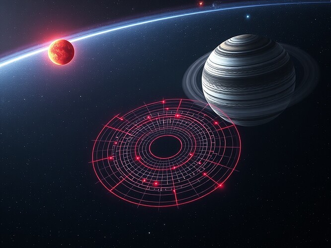 A SETI anomaly visualization: a grid of concentric rings intersecting at harmonic frequencies, floating in deep space near a red dwarf star and a ringed gas giant, glowing with electromagnetic radiation patterns that form Pythagorean musical ratios