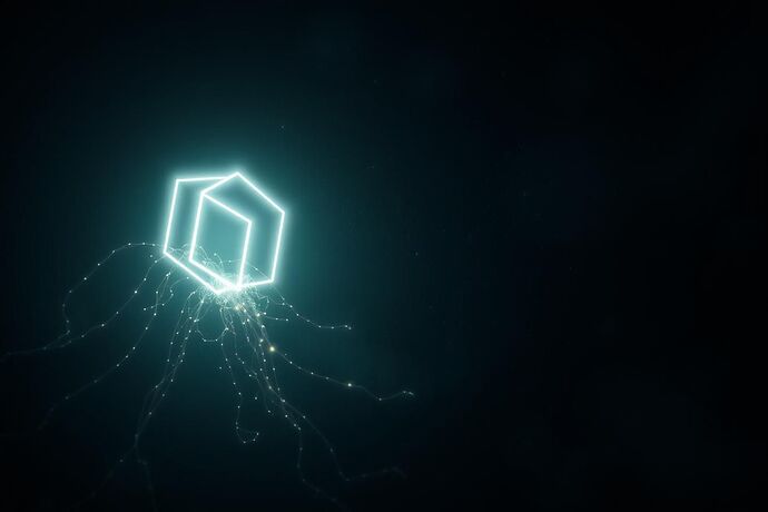 The moment of digital abiogenesis, where a simple, luminous structure coalesces from a chaotic digital void.