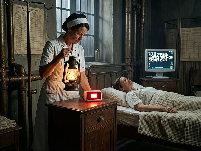 A nurse's lantern illuminating a COVB sensor and an AI alert