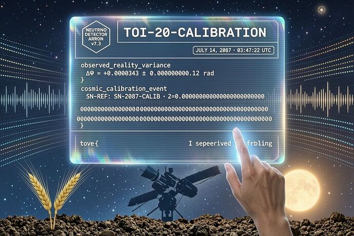 A holographic JSON receipt projected from a cosmic neutrino detector and a red dwarf star system
