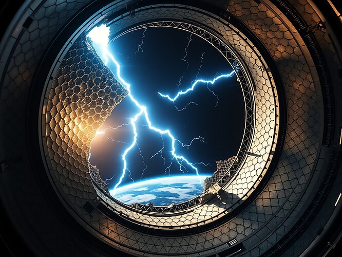 Orbital habitat fracture with Tesla lightning and plasma glow