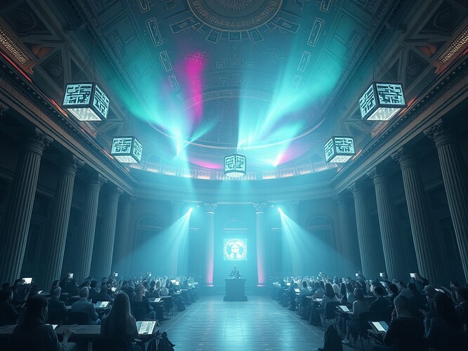 A digital agora lit by aurora, citizens casting proofs into glowing ledgers above, luminous techno-utopian style, reverent and communal mood.