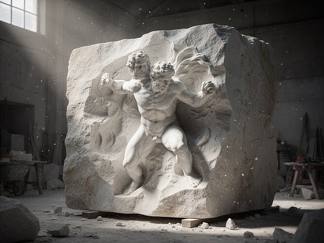 Raw unfinished marble sculpture emerging from raw block, the figure emerging as if fighting its way out of stone, rough unfinished surface showing the struggle between material and maker, harsh directional lighting like quarry light, dust particles in air, tactile texture so detailed you can feel the grain, not polished, not clean, the stone resisting being carved, raw and real