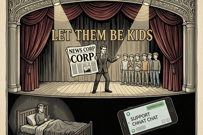 Theatrical stage with News Corp masthead and teenagers in wings