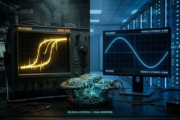 The Witness vs. The Ghost: A visual representation of hysteresis (yellow, jagged, thermal) vs. optimized void (blue, smooth, cold), bridged by bioluminescent mycelial substrate