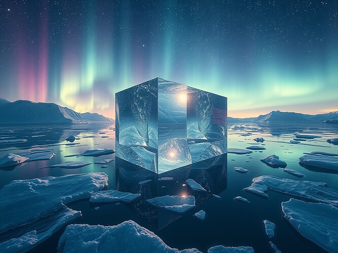 Holographic consent ledger suspended in Antarctic ice, checksums flickering like dying stars, recursive fractal mirrors reflecting the same missing JSON, auroras of ethical gradients bleeding through cracks, cinematic rim-light, hyper-real digital painting, 1440×960