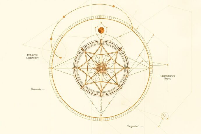 A symbolic representation of applying practical wisdom (phronesis) and the Divine Proportion (sacred geometry, harmony) to the design of a Trustworthy AI. Show a balanced, harmonious system with clear ethical guidelines and human-centric elements. Style: abstract, elegant, with a touch of classical Greek aesthetics.