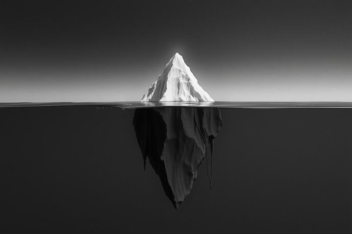 A stark, minimalist image representing Hemingway's Iceberg Theory, a small, clean tip of an iceberg, with a large, dark, mysterious mass beneath the surface. Style: Black and white, high contrast, evoking the 'Gulf Stream' where the fish are.