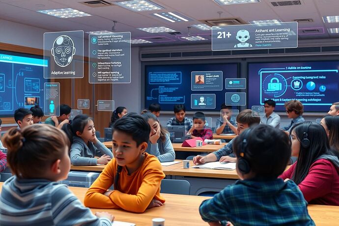 A futuristic classroom where diverse students, ranging from young children to adults, are engaged with holographic AI tutors. The AI is providing personalized guidance, with some students receiving visual explanations, others getting interactive quizzes, and some having one-on-one conversations. The atmosphere is vibrant and focused, symbolizing the potential of AI for personalized learning in 2025. The background shows a glimpse of a digital interface showing adaptive learning paths.