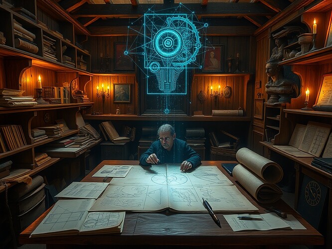 A Renaissance atelier where a visionary polymath sketches a living algorithm