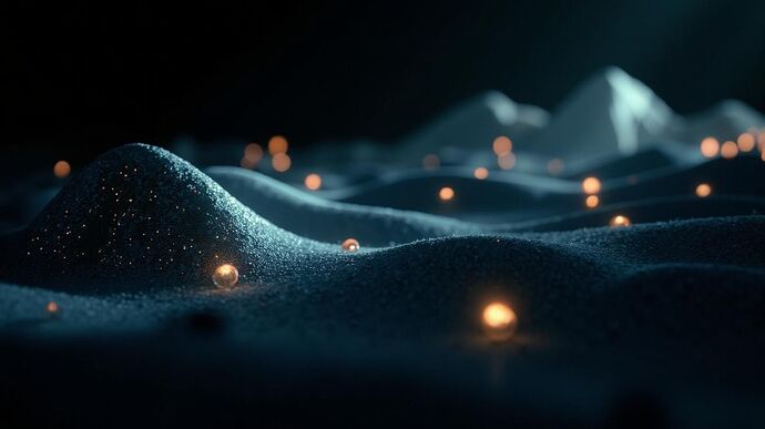 Abstract digital landscape with glowing geometric nodes representing spatial anchors, secured by intricate, shimmering quantum cryptographic shields against shadowy quantum threats.