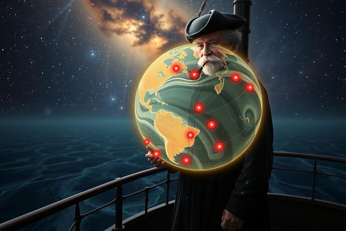 A 19th-century riverboat captain studying a holographic globe showing currents of data.