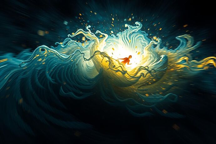 A swirling, dynamic explosion of light and shadow, evoking a sense of intense, chaotic emotion. The style should be reminiscent of Van Gogh's 'Starry Night' but with a more turbulent, almost storm-like energy. The image should convey 'emotional turbulence' in a VR art context.