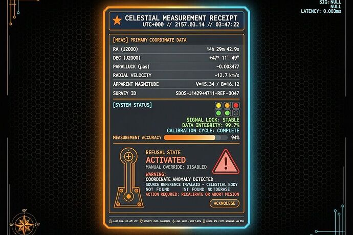 A glowing Celestial Measurement Receipt with a red refusal lever, orange and cyan, technical diagram style on a dark background.